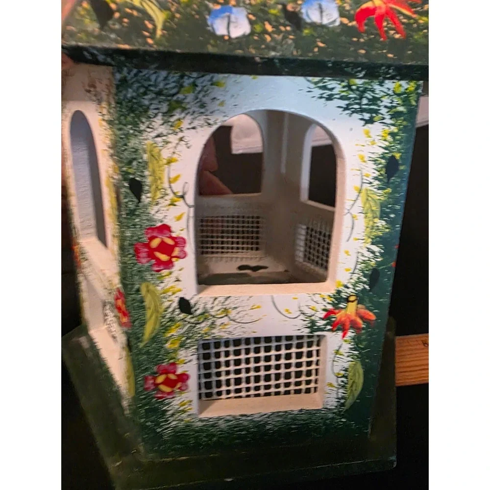Hand Painted Wooden Birdhouse Floral Cottage Garden Decor Hexagon Hanging 12in